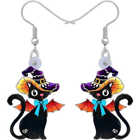 Halloween-noitahattu ja musta kissa -korvakorut, roikkuvat kissanpentu-korut, musta kissalahja naisille, juhlien suosikki