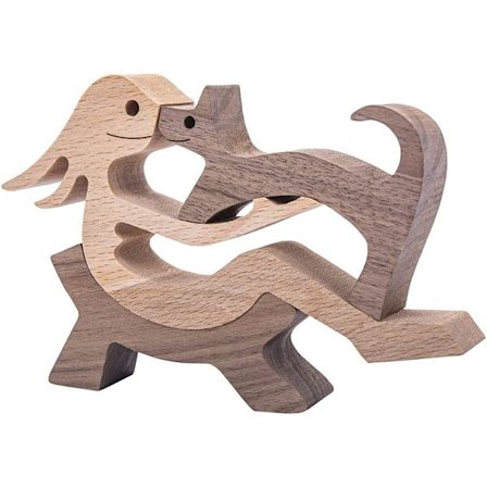 Trefigur av hund og kattfamilie, håndlaget tredekorasjon, søt valp