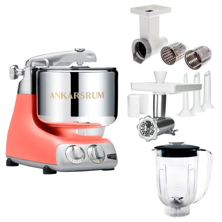 Ankarsrum Assistent Original AKM 6230 kjøkkenmaskin med kjøttkvern, skjæretilbehør og blenderkanne, coral crush
