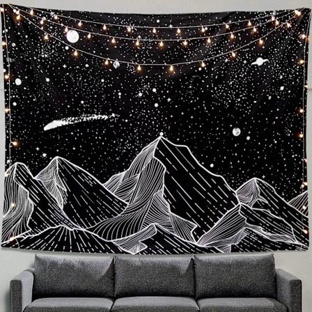 Fjellmåne Gobelin Veggteppe Stjerner Sort og Hvit Kunst Tap