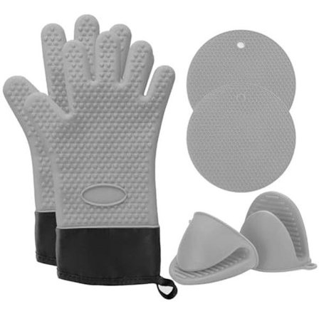 Højtemperaturbestandige silikone grillhandsker, inklusive handsker, isoleringspuder, klemmer, 6 dele grå