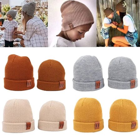 Winter New Adult Children Parent-child Hat Newborn Baby Hat Baby with Leather Label Knitted Hat Boys Girls Warm Kids Beanie Cap