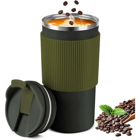 Isoleret kaffekrus (grøn), 450 ml rejsekrus i rustfrit stål med låg, Cafe isoleret krus til kaffe, te og øl