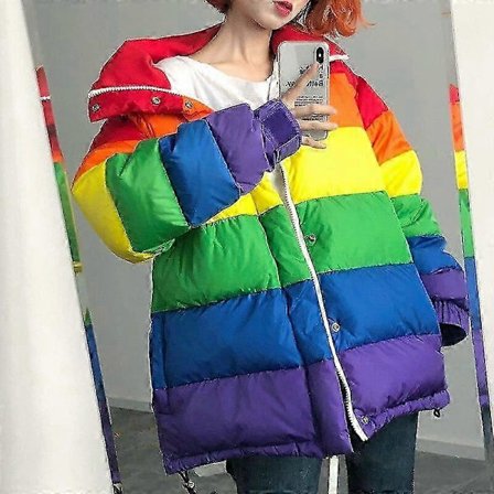 "Barsinfi pol Casual Vinter Harajuku Dame Regnbue Parka Polstret Jakke Løs Plus Size Stribet Frakke"