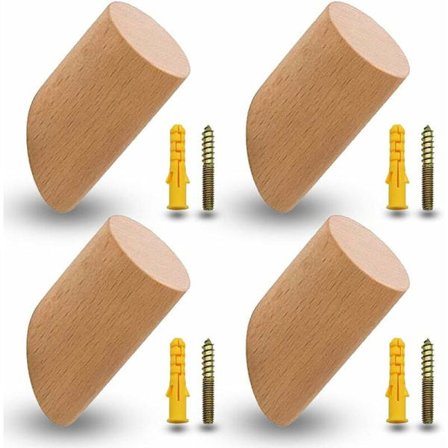 4 stk. bøgetræ knager, træ knager, vægkroge med 4 skruer og ekspansionsrør til kontor, køkken, hjem, tøj (6 cm)