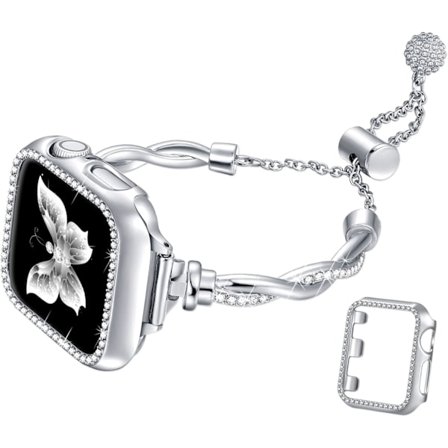 Armband och skal kompatibelt med Apple Watch armband 38mm 40mm 41mm dam, smalt elegant metallarmband strass stötfångare för Iwatch &S