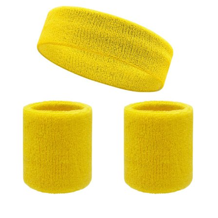 Sportshodebånd og armbåndsett, frotté svettebånd i bomull, egnet for sport og fitness (3-delt sett) Gul