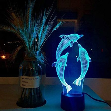 Dolphin Pige Lampe med 3D Illusion i Akryl, USB LED Bordlampe til Hjemmet, 3D Kunstlampe - 7 Farveskift (Dolphin)