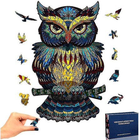 Ugle i tre 3D-puslespill med puslespillbrikker i dyreformer i tre for voksne