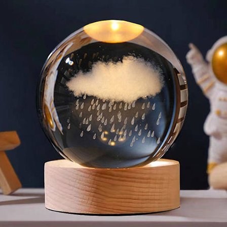 Krystallkule og lysende trebase, fire typer krystallkule, glasskule, nattlysdekorasjon