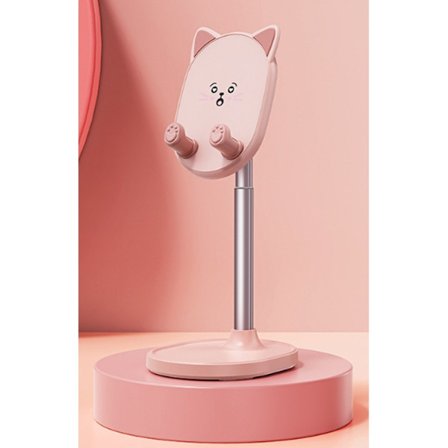 Søtt katte-telefonstativ for skrivebord, justerbart løfte- og uttrekkbart nettbrettstativ (rosa)