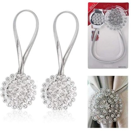 Pakke Kristall Magnetiske Gardinholdere Blomsterformede Diamant Gardinklemmer med Strekkrep for Hjemmekontorinnredning (Sølv Brudeslør)[PL]