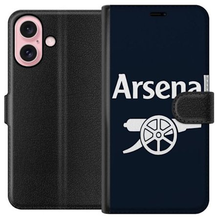 Kompatibel Tegnebogsetui til Apple iPhone 16 Arsenal FC logo - mørkeblå og hvid design med klassisk kanon, perfekt til sportsfans