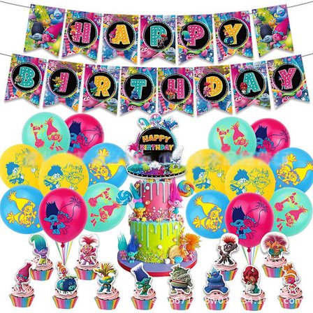 Trolls-tema Barnkalas Dekoration Festtillbehör Kit Inkluderar Grattis På Födelsedagen Ballonger Banner Tårta Cupcake Toppers För Barn Fans (FMY)