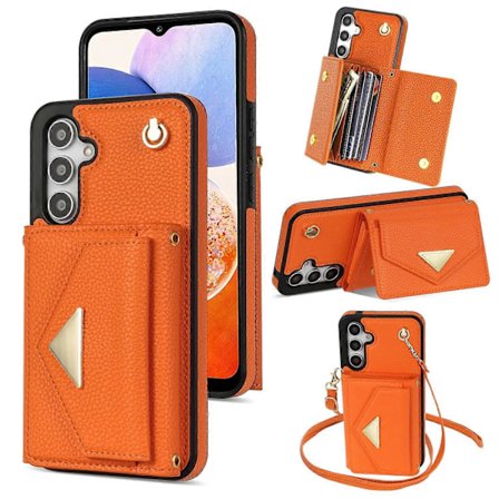 Samsung Galaxy A14 5G/A14 4G -kotelo, korttipidike, jalusta, PU-nahka+TPU-suojus olkahihnalla