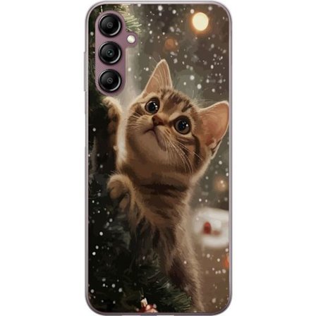 Yhteensopiva Puhelinkuori Samsung Galaxy A14 5G Joulukissa joulukuusen valossa lumisateessa, täydellinen motiivi joulun ystäville ja kissan ystäville