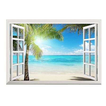 Tropisk øystrand, sommer 3d vindusutsikt veggklistremerke plakat klistremerke, 1 stk