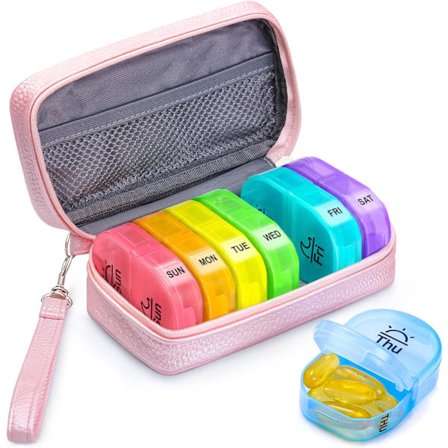 Pilleesker i PU-lær, 7 dager, 2 ganger om dagen, Stor AM/PM pilleboks-organisator med bærbar glidelåsveske i lær for oppbevaring av kosttilskudd