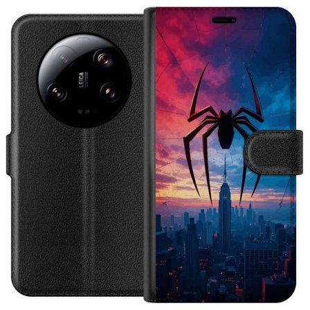 Yhteensopiva Lompakkokotelo Xiaomi Xiaomi 13 Ultra Tyylikäs hämähäkki kaupungin horisontin yläpuolella dramaattisessa auringonlaskussa, graafinen