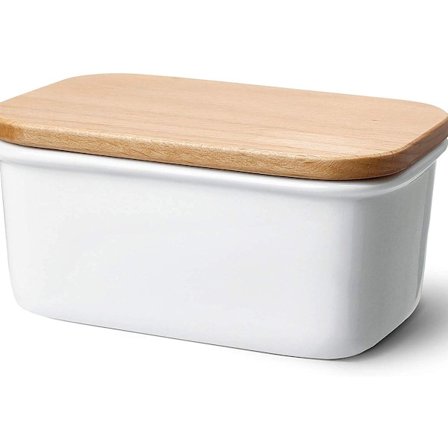 Porcelænssmørboks med trælåg, til 250 g smør, stor, hvid