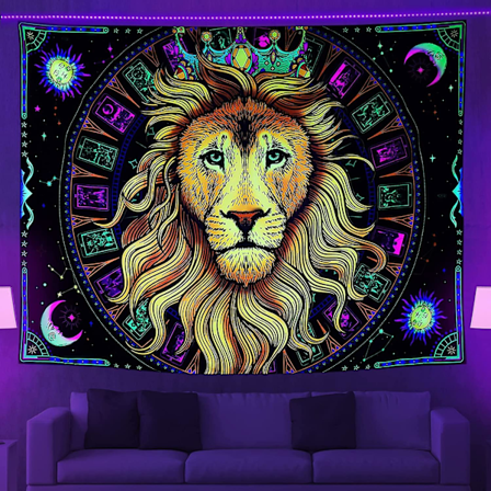 Svart Lys Løveveggteppe Ultraviolett Respons Tarotveggteppe Sol Og Måneveggteppe Astrologi Neonveggteppe Hjemmeinnredning Veggteppe