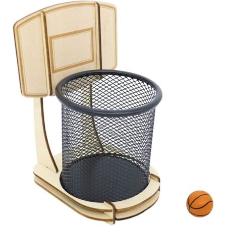 IC Kreativ pennhållare, handgjord trä basketställ pennorganisatör med en boll, metallnät pennkopp