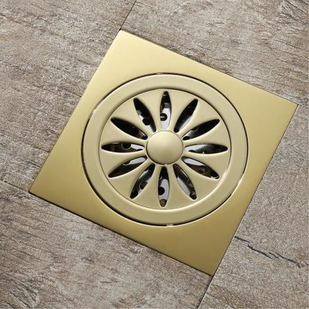 Firkantet champagneguld kobbergulvafløb til badeværelse med deodorantfunktion, moderne bruseafløb til hjemmet (størrelse: 100x100x41 mm)