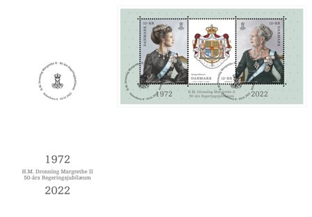Danmark 2022 - Dronningens 50-års Regeringsjubilæum - Førstedagskuvert med miniark