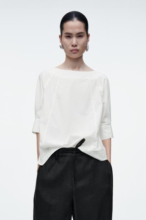 COS Damen Voluminöse Baumwollbluse Mit U-Boot-Ausschnitt - Weiss
