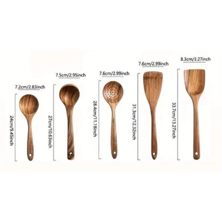 Träslevar för matlagning, 5 st träredskap för matlagning i teakträ, köksredskapssats i trä, köksskedar i teak i trä