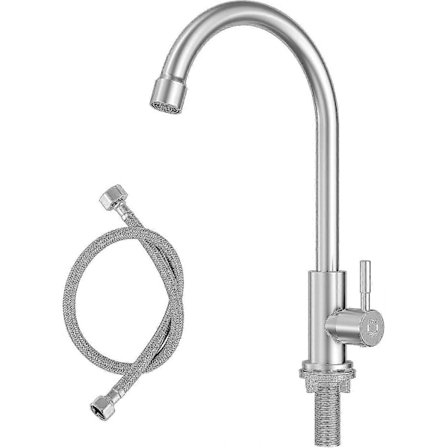 Koldtvandshane Køkkenhane Kun Koldt Vand Med 60 Cm Tilslutningsslange X1, Koldtvandshane Med Møtrikker Lavet Af Rustfrit Stål 304