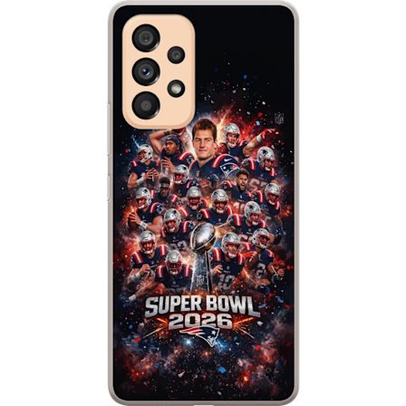 Yhteensopiva Puhelinkuori Samsung Galaxy A53 5G Super Bowl 2026 juliste, jossa New England Patriots ja NFL-mestaruuspalkinto räjähtävän urheilullisess