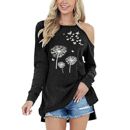 Dam T-shirt Top Polo Shirts Summer Print Off Shoulder Long Sl