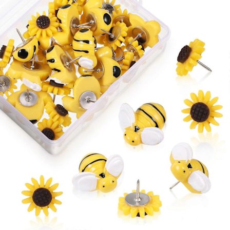 30 st Solrospins och Bi-pins, Söta Dekorativa Pins för Anslagstavla, Pins för Fotokarta Anslagstavla, Kontor Skolor