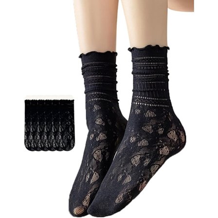 6 par - Sort - Ankelstrømper til kvinder med blondekant - Blondestrømper