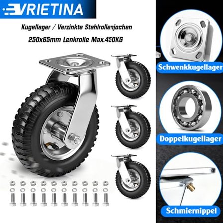 Set med 4 svängbara luftfyllda hjul, Ø 250mm 450Kg Max, 360° pneumatiska hjul, svängbart modell, för hantering och transport