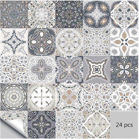 24 Pieces Self Adhesive Wall Tiles Moroccan Waterproof Stickers DIY Kitchen Bathroom Decoration 24 Pcs, 15x15cm