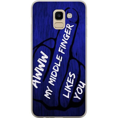 Kompatibelt Mobildeksel til Samsung Galaxy J6 Mørk typografisk illustrasjon med hjerteform og budskap om vennskap mot dyp blå tretekstur