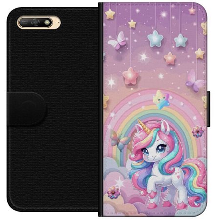 Kompatibelt Lommeboketui til Huawei Y6 (2018) Magisk enhjørning med regnbue manke, stjerner og sommerfugler mot en pastellhimmel med skyer