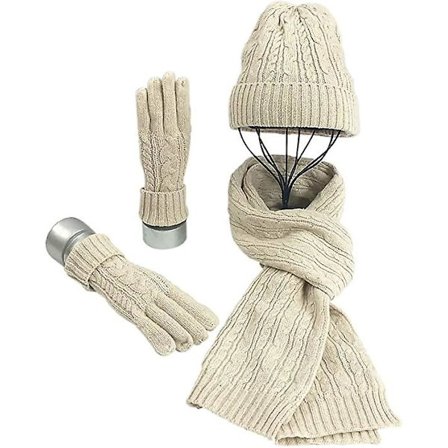 Hattu, hanskat, huivisetti naisille, tytöille, pehmeä ja lämmin neule, pipo, pitkä huivi, 3 in 1 talvi paksu puku