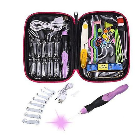 Led-oplyste Hæklenåle & Opbevaringsæske & Genopladelige Batterier - lilla