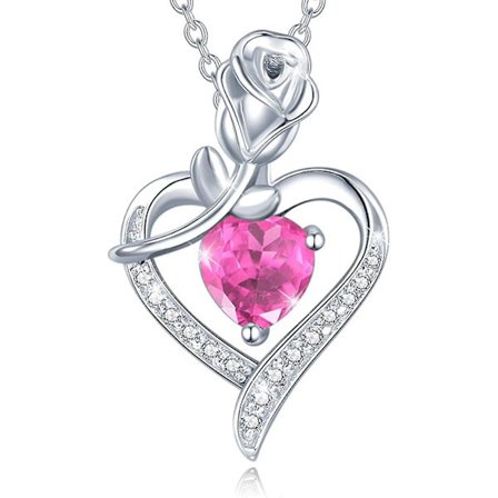 Eksklusivt smykke til kvinder - Fødselsdagssmykke i sterlingsølv med ægte eller kunstig ædelsten - Rosehjerte-vedhængskæde - Jubilæums- og 