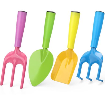 Set med 4 robusta trädgårdsredskap i metall för stranden, inklusive spade, kratta, skyffel, hacka och sandskyffel