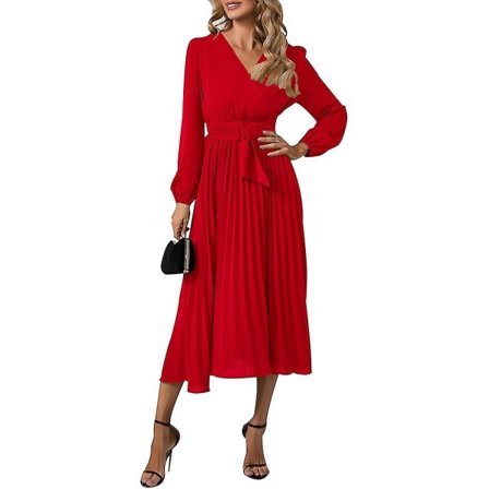 Elegant långärmad midiklänning med bälte för fest, bröllopsgäst, kontor Red M