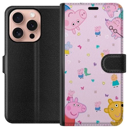 Kompatibelt Lommeboketui til Apple iPhone 16 Pro Peppa Gris med en baby i armene, mamma gris motiv i fargerik og myk barneillustrasjon med hjerter