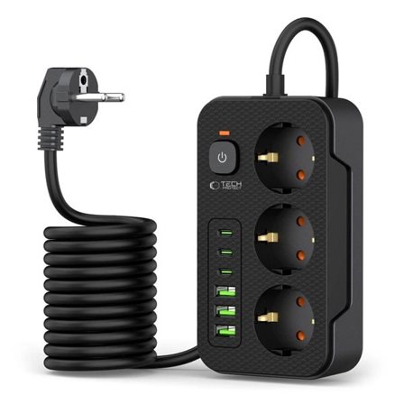 Tech-Protect strømskinne med 3x 240V strømudtag + 3xUSB-A + 3xUSB-C - Sort