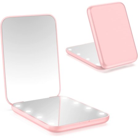 Liten spegel med ljus, LED-sminkspegel, 1x/3x mini-resespegel med förstoringsfunktion, bärbar väska, ficka, rosa present till flickor.