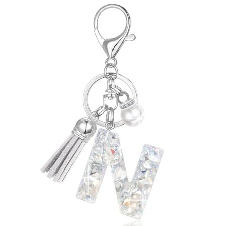 Damehåndveske/pung med rhinestone-bokstavnøkkelring, dusk, imitert perler og nøkkelringanheng.