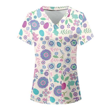 Kvinnor Sommar Kort Ärm Scrub Toppar V-ringad T-shirt Casual Baggy