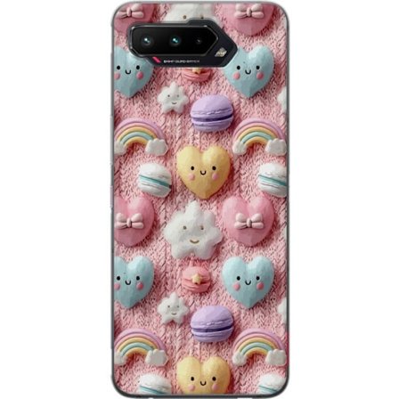 Yhteensopiva Puhelinkuori Asus ROG Phone 5 Pastellimotiiivi sydämillä, pilvillä, sateenkaarilla ja makaronseilla vaaleanpunaisella taustalla suloisess